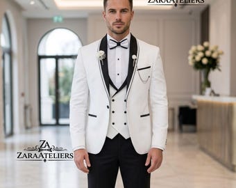 Men's 3-Piece Suit Tuxedo White & Black Slim Fit Shawl Lapel Wedding Designer Formal Suits