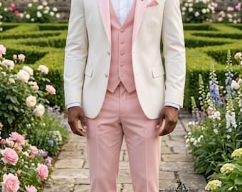 Esmoquin de hombre color rosa palo y marfil, corte ajustado – Traje de boda rosa, ropa formal para fiestas en el jardín
