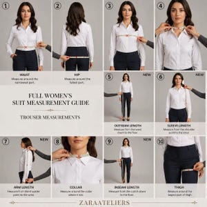 May include: A full women's suit measurement guide with illustrations showing how to measure waist, hip, collar, arm length, inseam, thigh, outseam, and sleeve length. The guide includes text and images for accurate measurements.