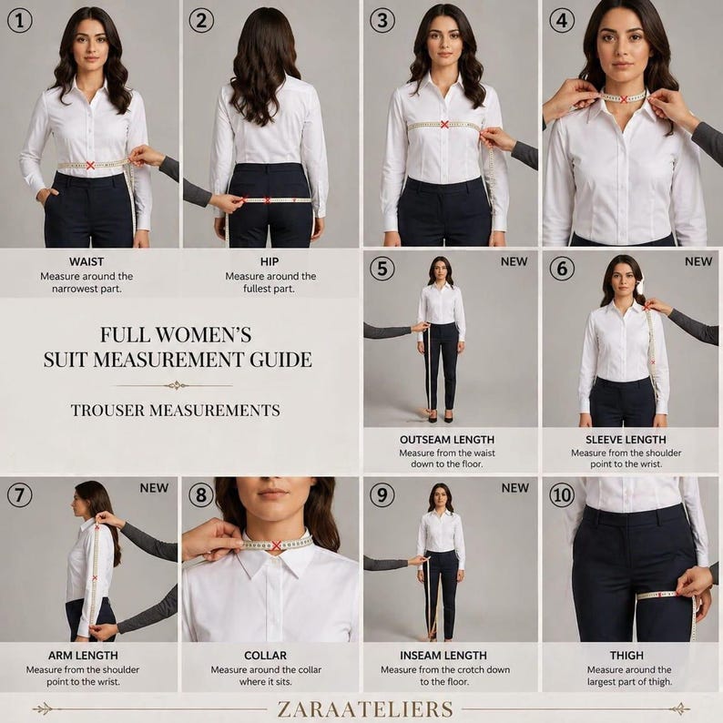 May include: A full women's suit measurement guide with illustrations showing how to measure waist, hip, collar, arm length, inseam, thigh, outseam, and sleeve length. The guide includes text and images for accurate measurements.