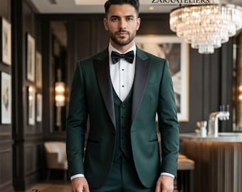 Herren Emerald Green 3-Piece Anzüge Smoking | Slim Fit Spitze Revers Hochzeit Grün Goldene Ensemble