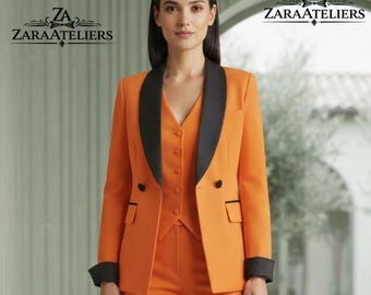 Orangefarbener 3-teiliger Damen-Smoking – Taillierter schwarzer Satinblazer mit Schalkragen und schmal geschnittener Hose für Hochzeiten