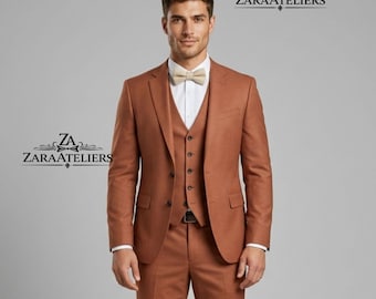 Men's Burnt Orange 3-Piece Suit | Slim Fit Notch Lapel Wedding Terracotta Brown Formal Ensemble