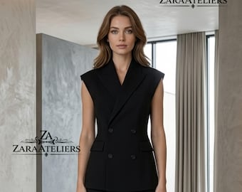 Women’s Black Sleeveless 2-Piece Pantsuit | Tailored Double-Breasted Vest Blazer High-Waisted Wide-Leg Trousers Set