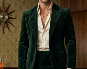 Men's Luxury Emerald Green Velvet  2-Piece Suit Retro - Vintage 1970s Style Wear Prom  Weddings
