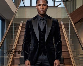 Men's Black Velvet 3-Piece Suit Tuxedo | Slim Fit Peak Lapel Wedding Black Formal Suits