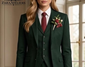 Costume 3 pièces vert foncé pour femmes - Blazer slim, pantalon gilet, mariage d'affaires formel de luxe