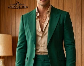 Men’s Bright Emerald 2-Piece Retro Suit-1970s Vintage Blazer Flared Trousers Formal Wear Weddings Prom