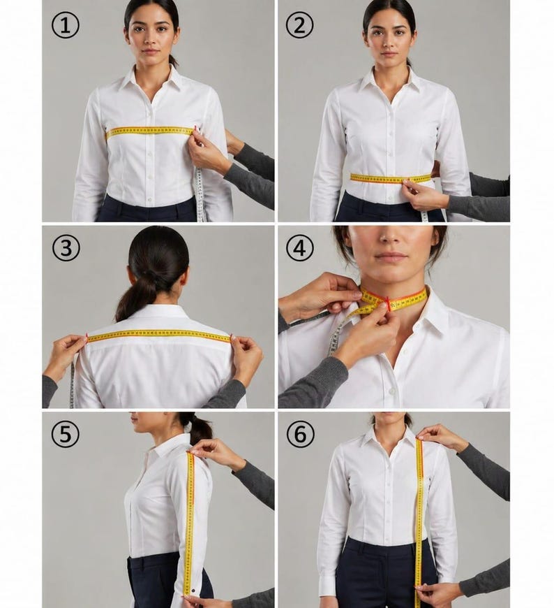 May include: A woman in a white button-down shirt is being measured with a yellow measuring tape. The image shows six different views of the measuring process, including chest, waist, shoulder, neck, sleeve, and overall length measurements.