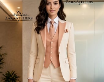 Completo da smoking da donna a 3 pezzi color crema e pesca, vestibilità slim – Blazer da sposo su misura