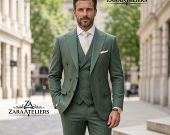 Terno masculino verde sálvia de 3 peças | Terno slim fit de abotoamento duplo para casamento | Conjunto formal