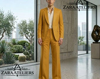 Herren Hochzeit Anzüge Senf Anzüge 2-teilige Vintage Retro Spitze Revers Blazer Weitbein Schlaghose