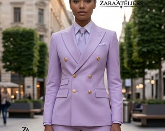 Women’s Lavender Double-Breasted 2-Piece Suit | Tailored Lilac Blazer Gold Buttons Trousers Office Suits