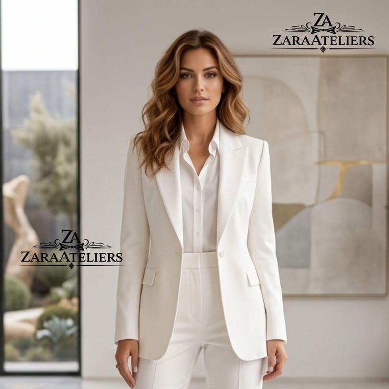 May include: A woman wearing a white suit, consisting of a blazer, a button-down shirt, and matching pants. The blazer has a classic design with a notched lapel and a single-button closure. The suit is from ZARAATELIERS.