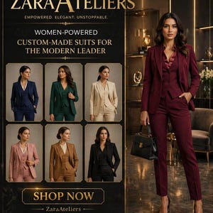 May include: An advertisement for Zara Ateliers features a woman in a burgundy suit. The image showcases various custom-made suits in navy, green, beige, pink, brown, and black. Text includes "Women-Powered Custom-Made Suits for the Modern Leader" and "Shop Now."