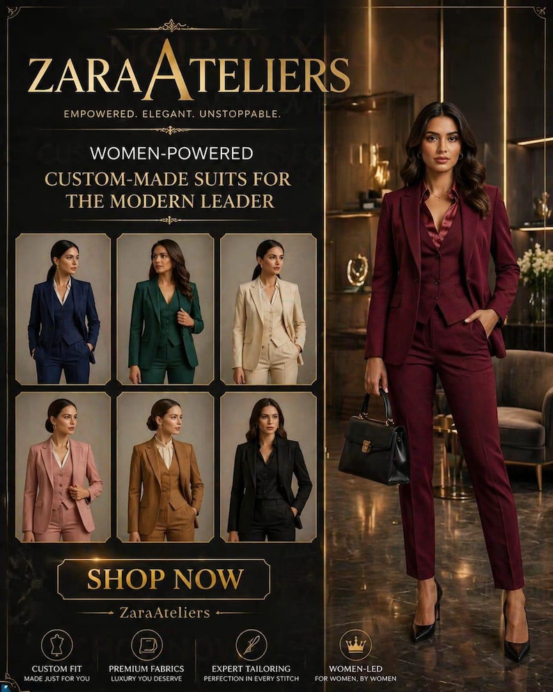 May include: An advertisement for Zara Ateliers features a woman in a burgundy suit. The image showcases various custom-made suits in navy, green, beige, pink, brown, and black. Text includes "Women-Powered Custom-Made Suits for the Modern Leader" and "Shop Now."