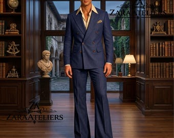 Wedding Men's Royal Blue Suit: 2-Piece Double-Breasted Vintage 1970s Style Peak Lapel Wide Grooms