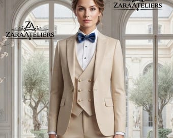 Beige 3-delig damespak slim-fit – op maat gemaakte bruiloftblazer formele bruidegom feestoutfit