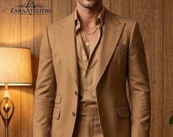 Kameelbruine retro jaren 70 herenpak - vintage stijl lichtbruine tweedelige kostuums blazer wijd uitlopende broek
