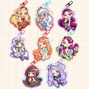 May include: A collection of eight acrylic keychains featuring chibi-style characters with diverse hair colours, outfits, and accessories. Each character has a small halo above their head and is attached to a colourful plastic lobster clasp.