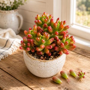 May include: A vibrant succulent plant with green and red fleshy leaves, potted in a speckled ceramic container. Several detached leaves and a small plant are scattered nearby on a wooden surface. The plant sits near a window.