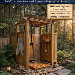 Könnte beinhalten: DIY-Outdoor-Duschpläne. Eine Außendusche aus Holz mit Duschkopf, Holzboden und Handtuchhaken. Die Dusche ist von Bäumen und Felsen umgeben. Der Text auf dem Bild lautet: Dusch-Layout, Bauplan, Sanitäranweisungen.