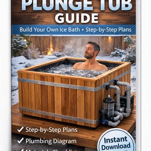 Puede incluir: Portada de la guía DIY Cold Plunge Tub. La imagen muestra una bañera de madera con un hombre dentro. El texto incluye "Build Your Own Ice Bath + Step-by-Step Plans" y "Instant Download PDF".