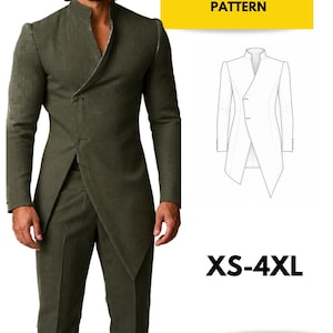 May include: An olive green avant-garde blazer and trousers. The blazer has an asymmetrical design, high collar, and single-button closure. The image also includes a line drawing of the blazer and the text "XS-4XL" and "Printable PDF."