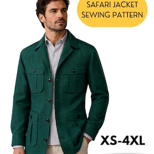 May include: A dark green safari jacket with a collared neckline, long sleeves, and four front pockets with button closures. The jacket is worn over a white and gray striped button-down shirt. Text reads: SAFARI JACKET SEWING PATTERN, XS-4XL, PRINTABLE PDF.