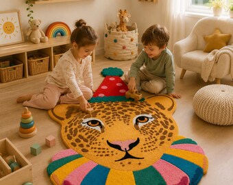 Leopard Face Kids Room Rug – Colorful Cartoon Animal Nursery Carpet