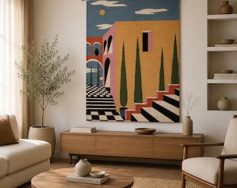 Hand Tufted Wool Rug, Italian Mediterranean Village Wall Hanging Tapestry