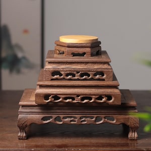Solid Wood Display Stand, Carved Oriental Pedestal Display for Buddha Statue, Bonsai Base, Crystal Holder, Fengshui Ornament