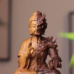 Half Good Half Evil Shakyamuni Buddha Head Statue, Hand Carved Cypress Wood