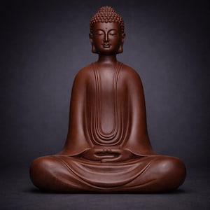 May include: A brown wooden Buddha statue in a seated meditation pose. The statue has closed eyes, a serene expression, and detailed hair. The figure is wearing a draped robe, with hands resting in the lap. The background is a dark gray.