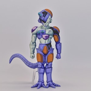 May include: A detailed action figure of a Dragon Ball Z character. The figure is primarily purple, with orange and white accents. It has a long tail and a helmet-like headpiece. The figure is standing on a clear plastic stand against a plain background.