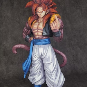 May include: A detailed figurine of a character with spiky red hair, muscular physique, and white pants. The figure wears a black jacket, blue sash, and blue wrist and ankle bands. The character is making a hand gesture.