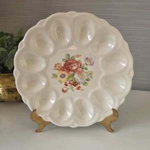 1940's floral white ceramic deviled egg platter E&R American Artware