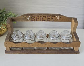Rare Vintage wood spice rack with 5  jars Made in Japan