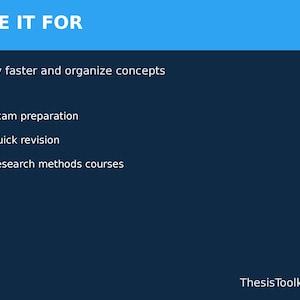 May include: A blue and white graphic with the text "USE IT FOR" at the top. The text below reads "Study faster and organise concepts." Bullet points list "Exam preparation," "Quick revision," and "Research methods courses." The Thesis Toolkit logo is at the bottom.