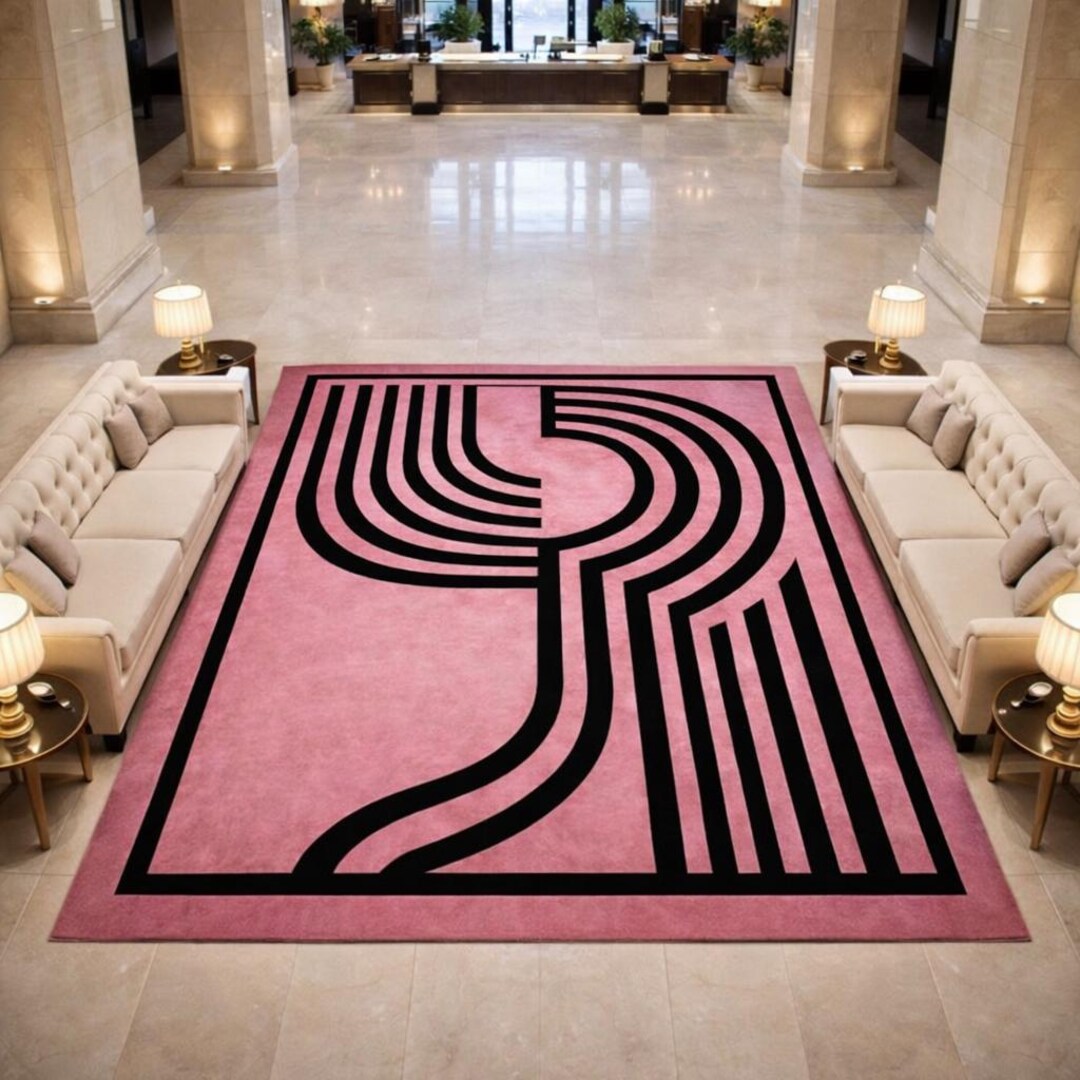 Modern Pink Geometric Rug – Abstract Black Line Area Rug, Minimalist ...