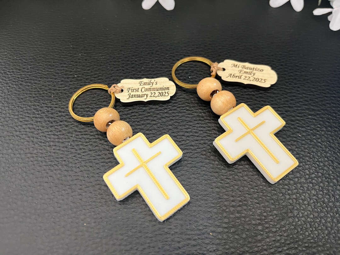 Personalized Cross Keychain, Baptism Christening Favors, Wood Beads ...