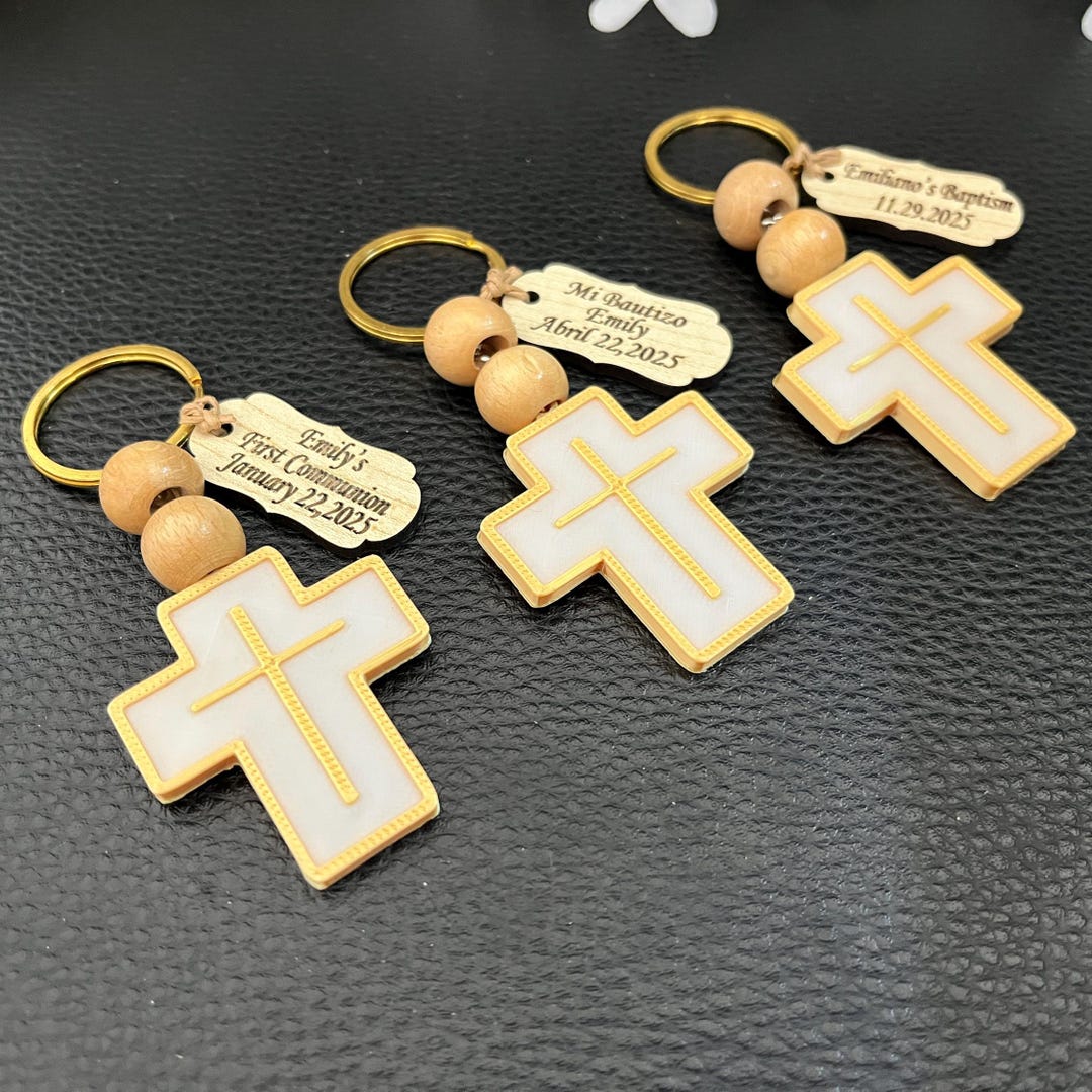 Personalized Baptism Keychain Favors, Wood Pearl Rosary, Christening ...