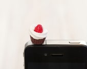 Phone Charm - Cupcake iPhone Earphone Plug - Chocolate Cupcake with strawberries on Top Earphone Plug - Dust Plug iPhone