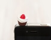 Phone Charm - Cupcake iPhone Earphone Plug - Chocolate Cupcake with strawberries on Top Earphone Plug - Dust Plug iPhone