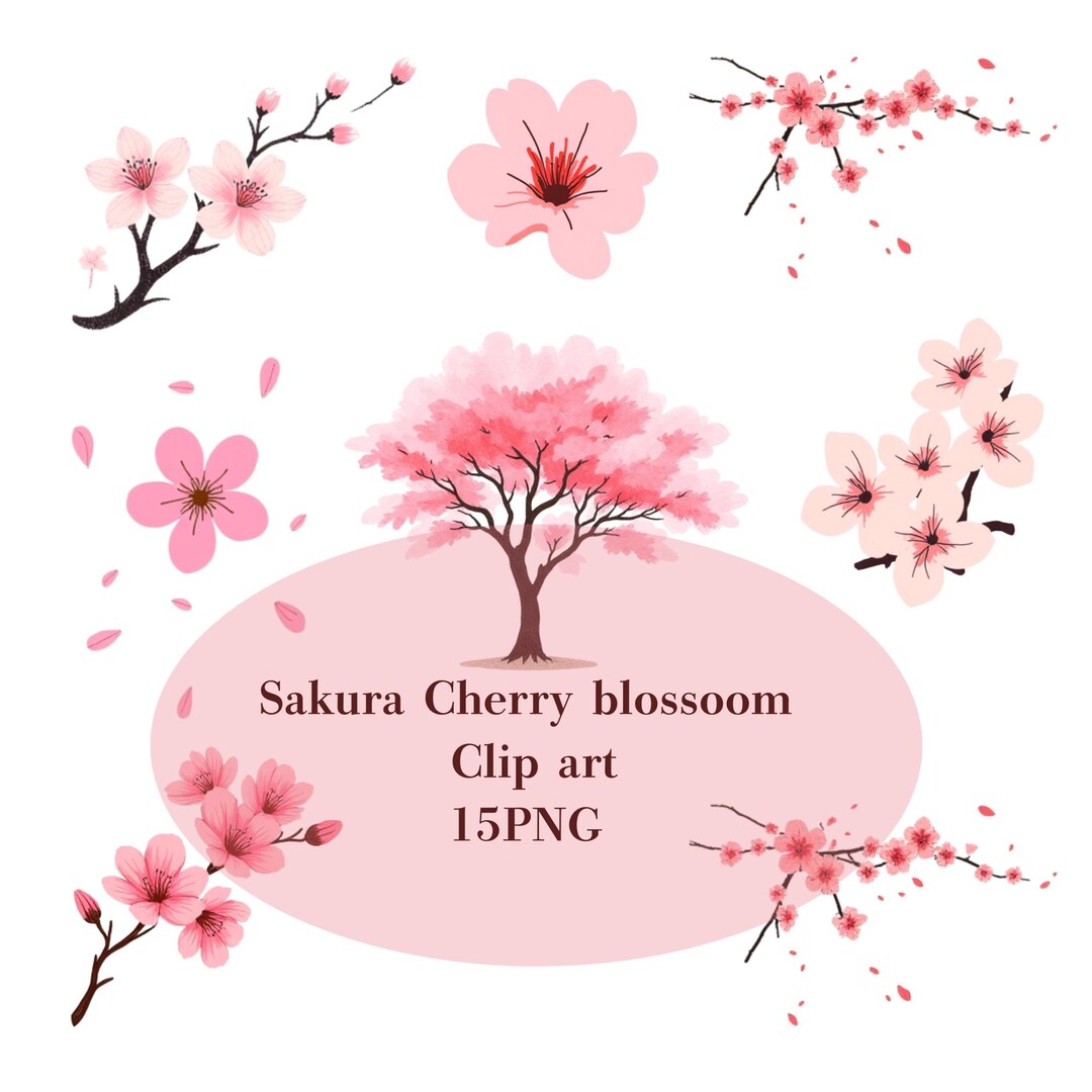 Japanese Cherry Blossom Clipart Set, Sakura PNG Bundle, Pink Floral ...
