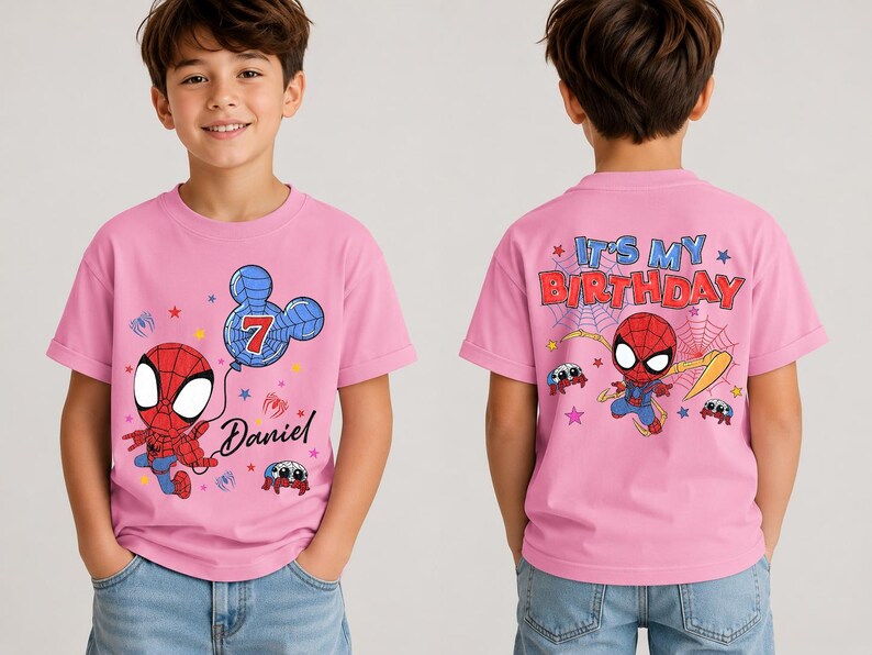 May include: A light pink short-sleeve t-shirt featuring a cartoon Spider-Man graphic. The front displays the name Daniel, a number 7 inside a blue Mickey Mouse-shaped balloon, and small spiders. The back features the text IT'S MY BIRTHDAY.
