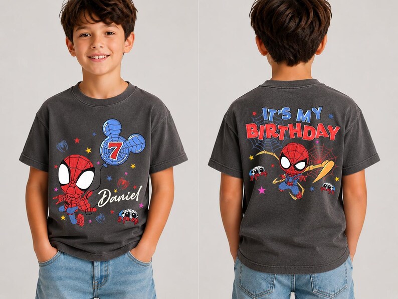 May include: A charcoal gray t-shirt featuring a cartoon Spider-Man graphic. The front displays a blue Mickey Mouse-shaped balloon with the number 7 and the name Daniel. The back features Spider-Man with the text IT'S MY BIRTHDAY and spiderwebs.