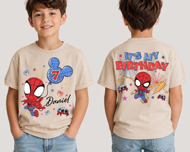 May include: A beige short-sleeve t-shirt featuring a Spider-Man graphic. The front displays a cartoon Spider-Man holding a Mickey-shaped balloon with the number 7 and the name Daniel. The back features Spider-Man with the text IT'S MY BIRTHDAY.