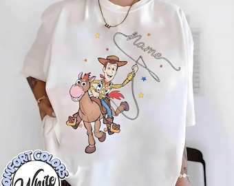Personalized Woody Cowboy and Bullseye shirt, Custom Name Disney Birthday Boy Gift for Kid shirt, Adult Toddler Family matching Tees
