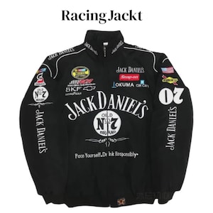 Chaqueta de carreras vintage Jack Daniel’s negra, estilo urbano, ideal para deportes de motor, unisex.